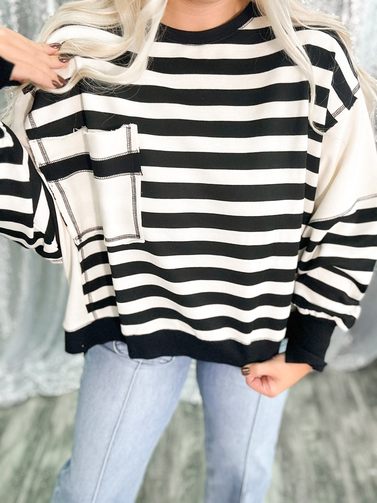 Black Chunky Striped Oversized Pocket Crewneck