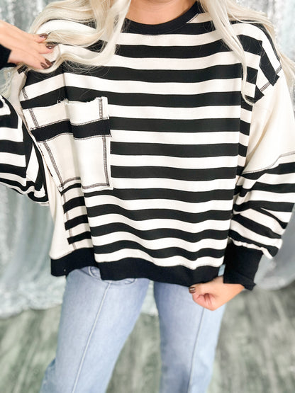 Black Chunky Striped Oversized Pocket Crewneck
