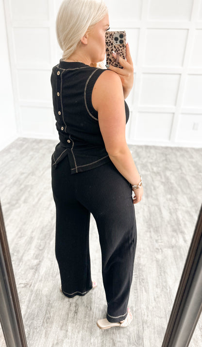Black Contrast Button Pant {Set}
