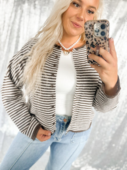 Brown Striped Raw Hem Button Cardigan