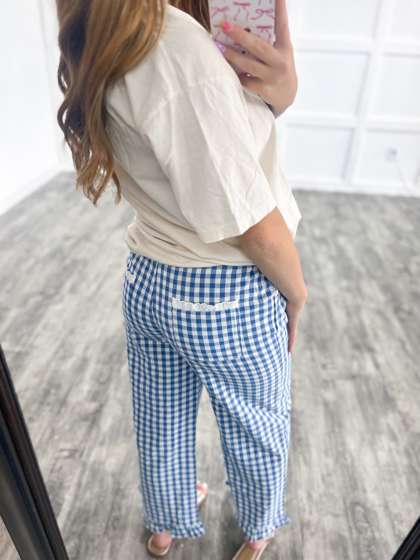 Blue & White Gingham Ruffle Pants