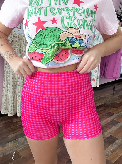 Fuchsia and Baby Pink Gingham Biker Shorts
