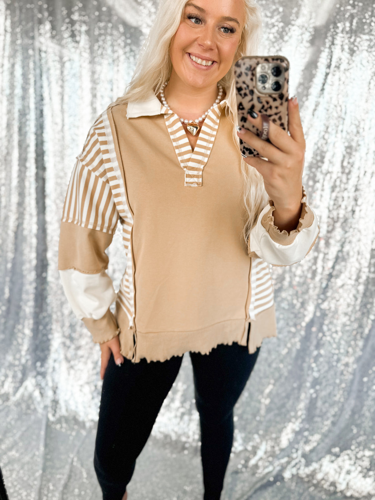 Tan & Cream Oversized Striped Top