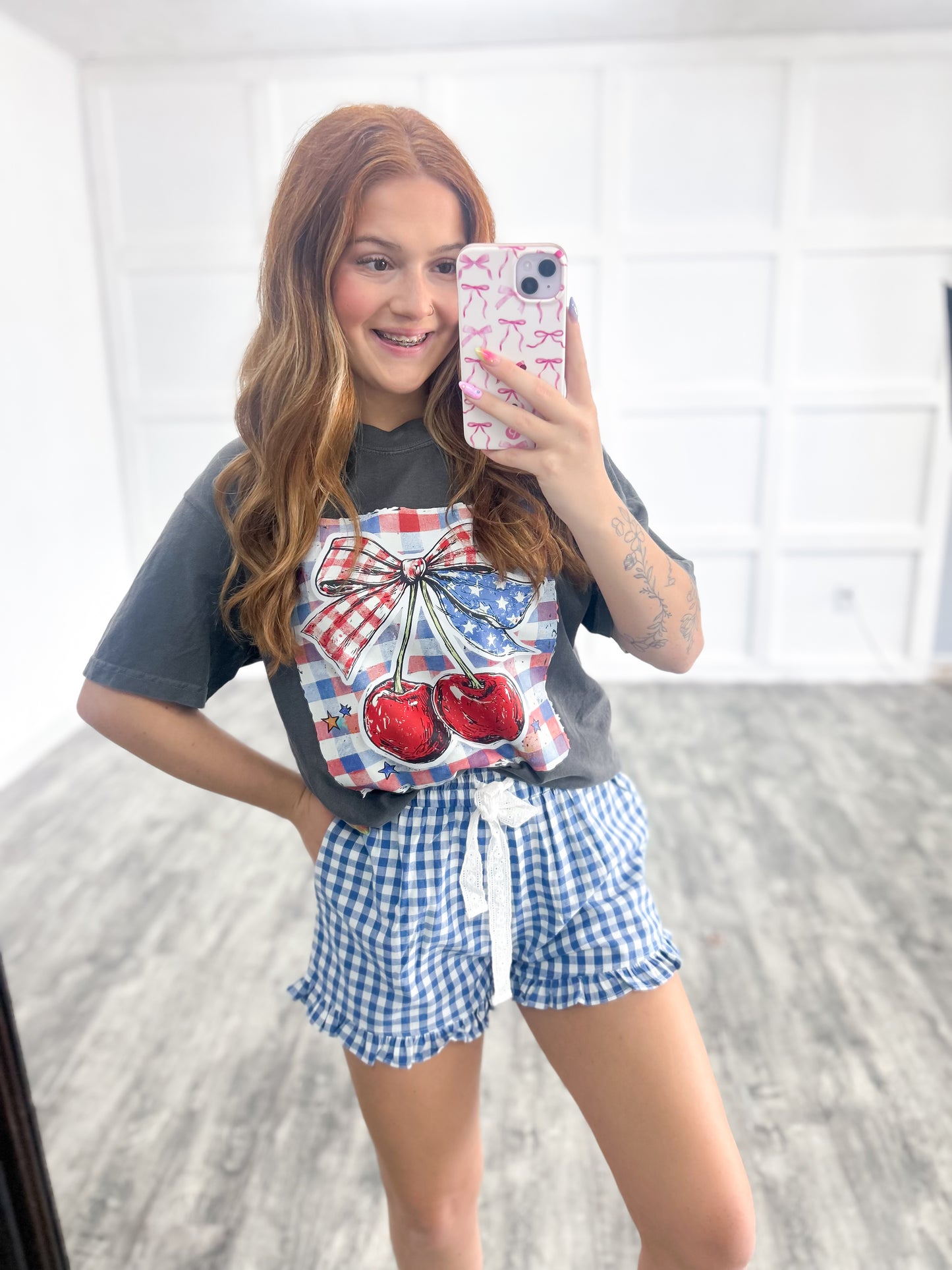 Blue & White Gingham Ruffle Shorts