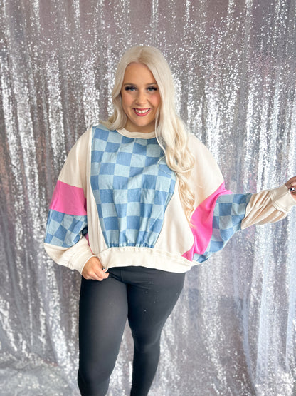 Checker Denim Colorblock Crewneck