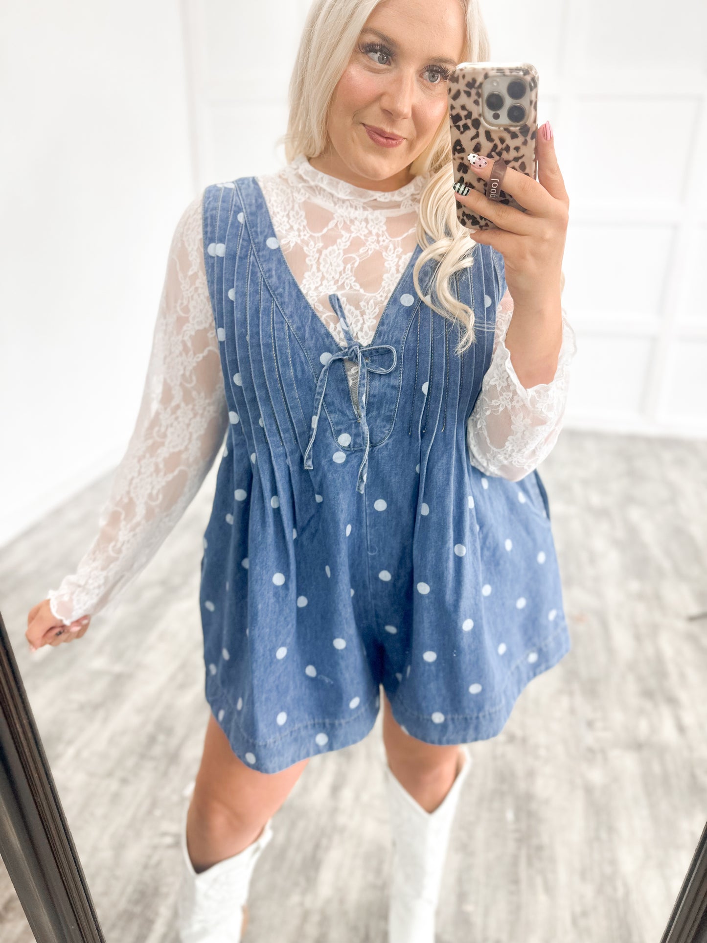 American Honey Denim Polka Dot Romper
