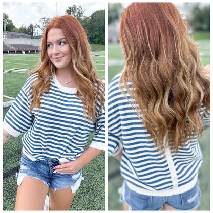 Blue Striped Button Back Knit Top