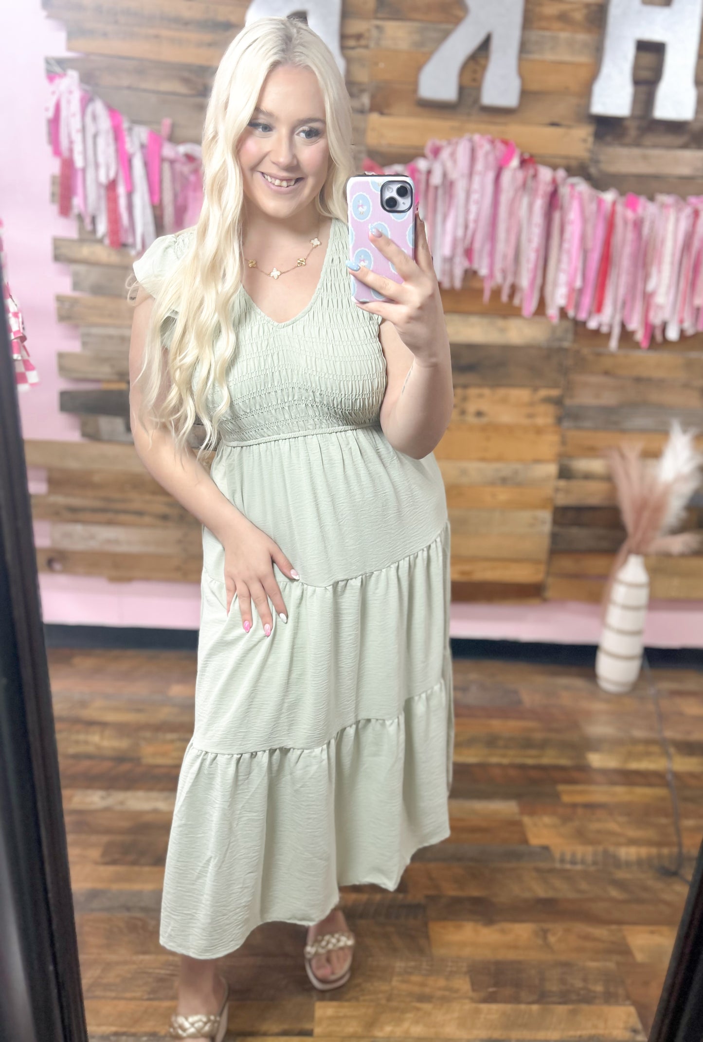 Sage Flutter Sleeve Smocked Maxi