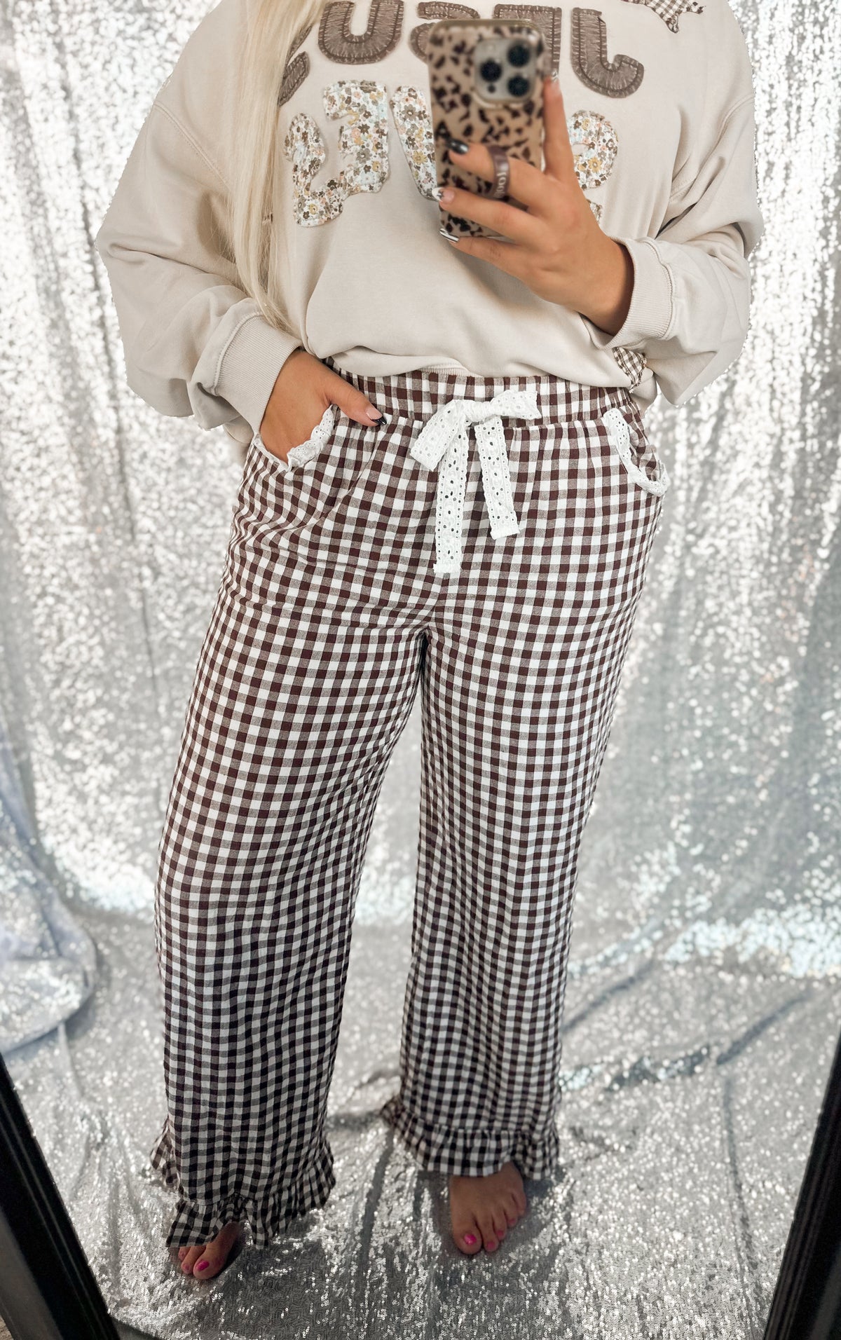 Brown Gingham Lace Ruffle Pants
