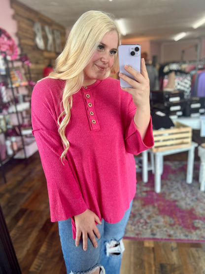 Split Side-Hem Button Top (Hot Pink)