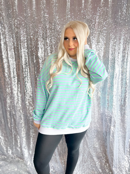 Lavender & Lime Striped Oversized Crewneck
