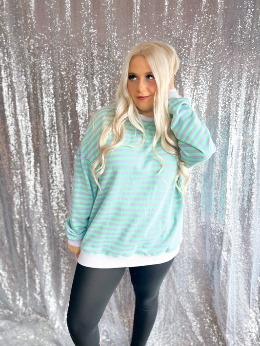 Lavender & Lime Striped Oversized Crewneck