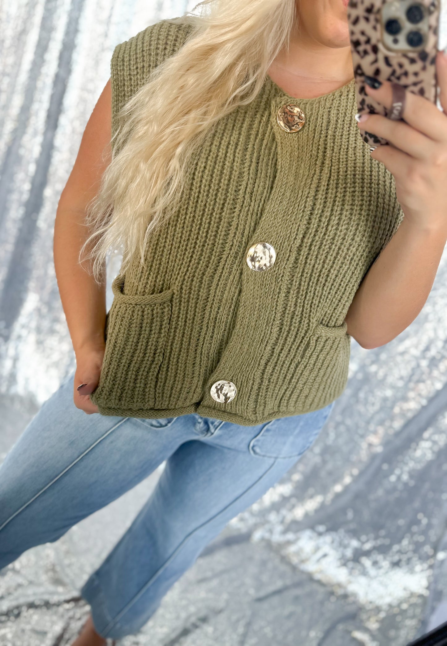 Olive Gold Button Knitted Vest Top