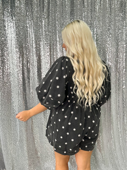 Black Polka Dot Denim Romper