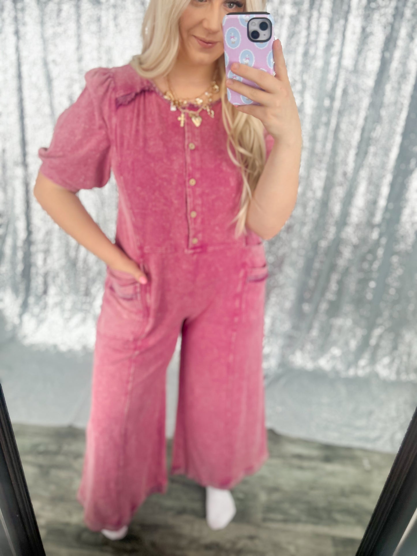 Rose Acid Wash Button Jumpsuit