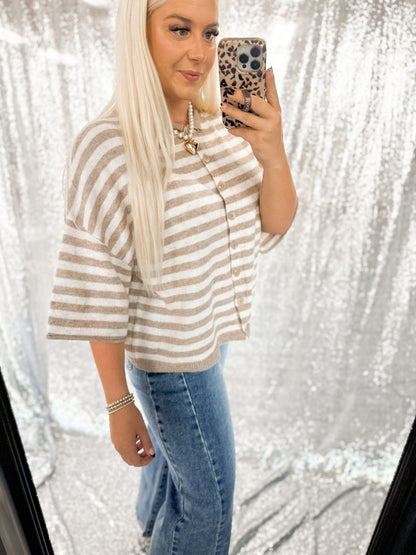 Taupe & Cream Chunky Knit Button Top