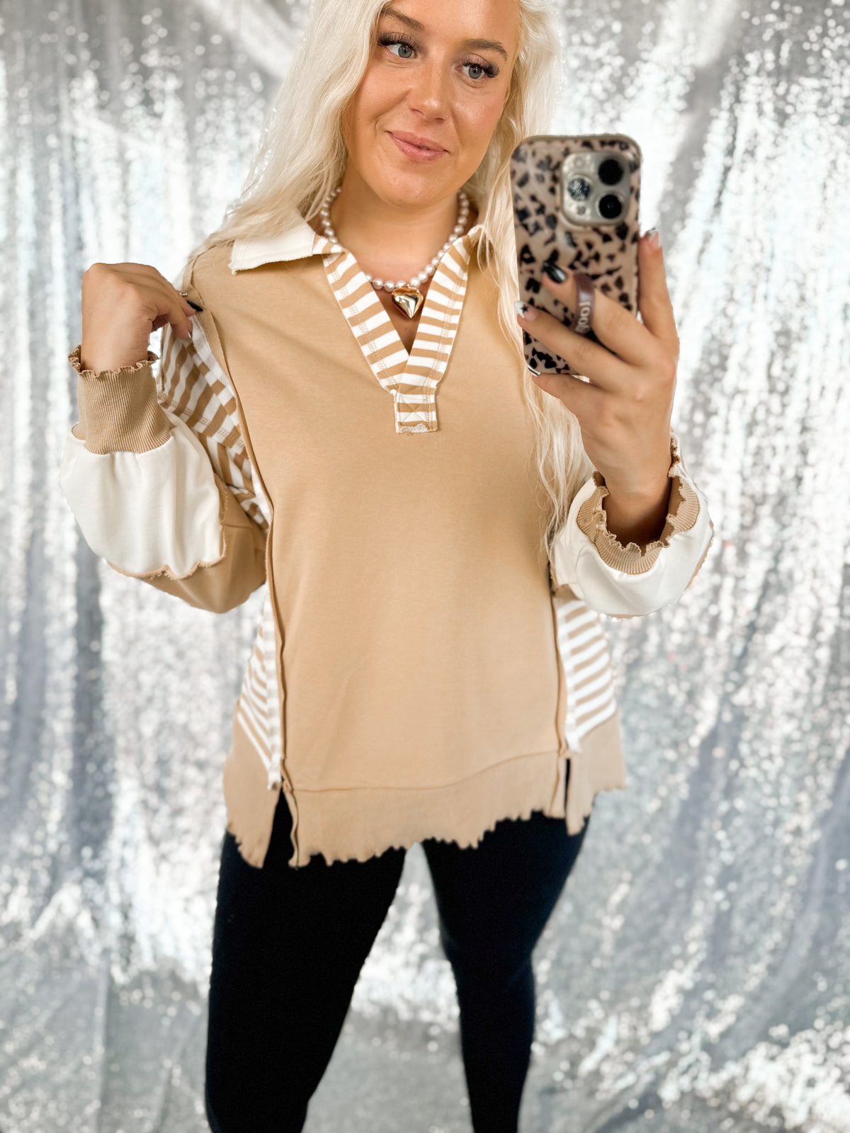 Tan & Cream Oversized Striped Top