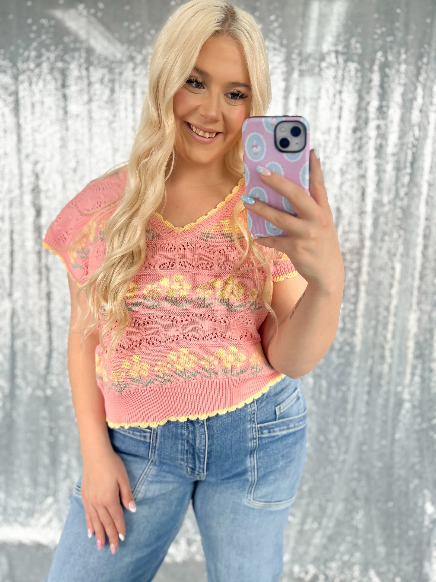 Pink & Yellow Knit Floral Vest Top