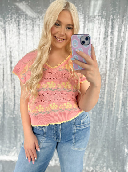 Pink & Yellow Knit Floral Vest Top