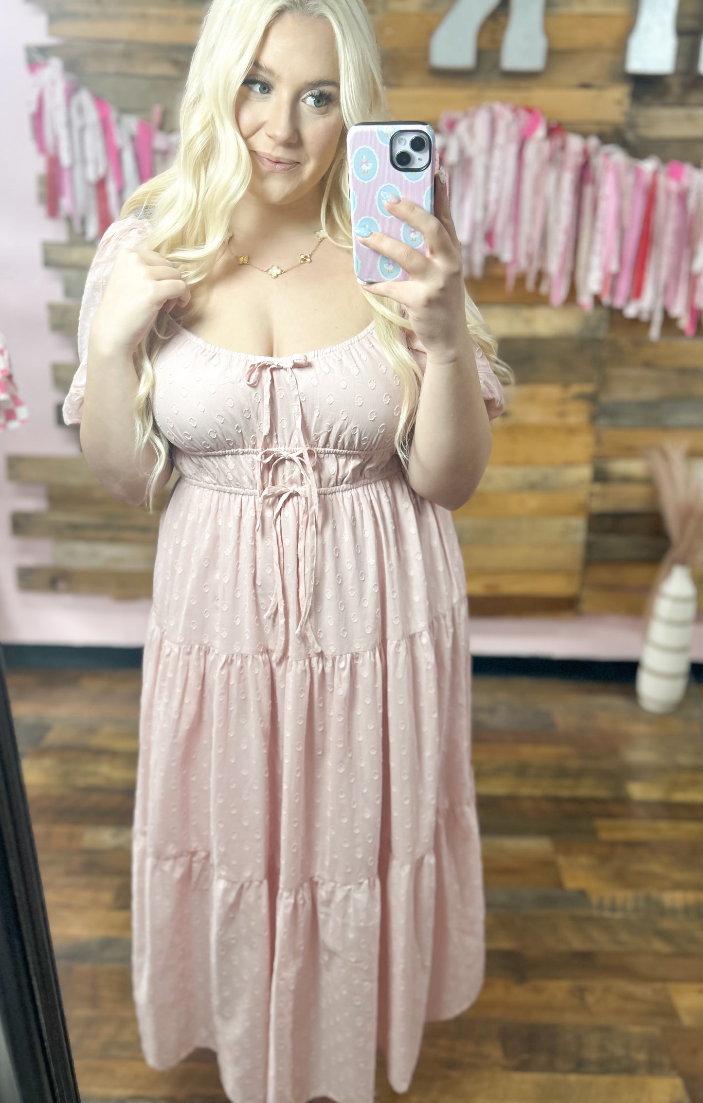 Baby Pink Swiss Dot Bow Maxi Dress