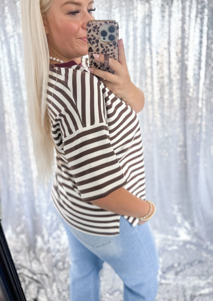 Brown & Burgundy Striped Colorblock Top