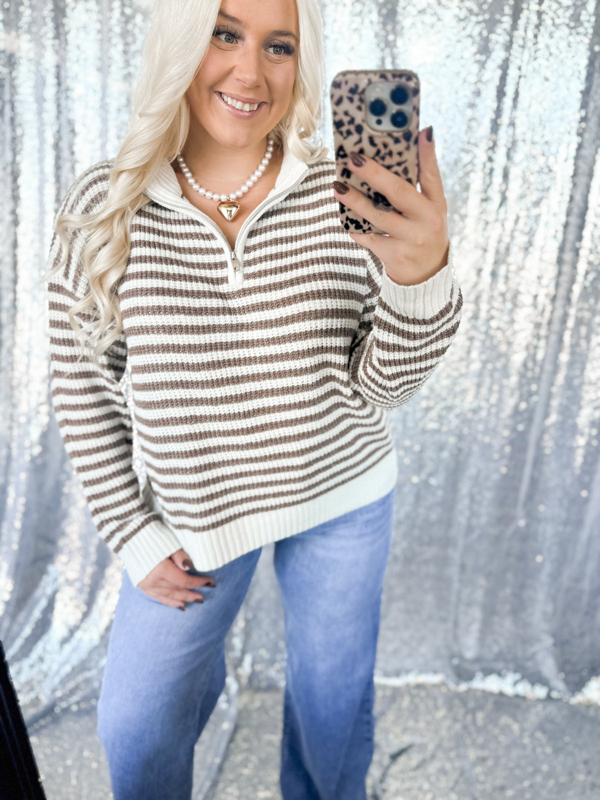 Brown Striped Knit 1/2 Zip