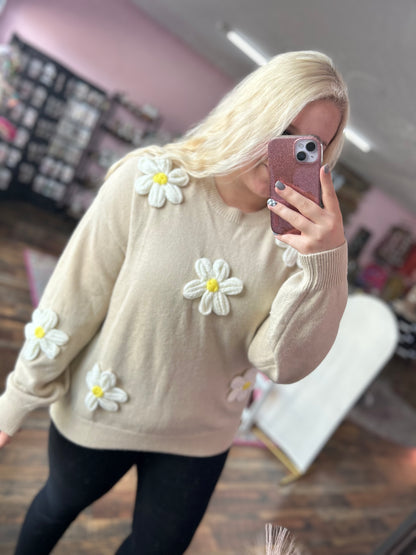 Oatmeal Crochet Floral Sweater