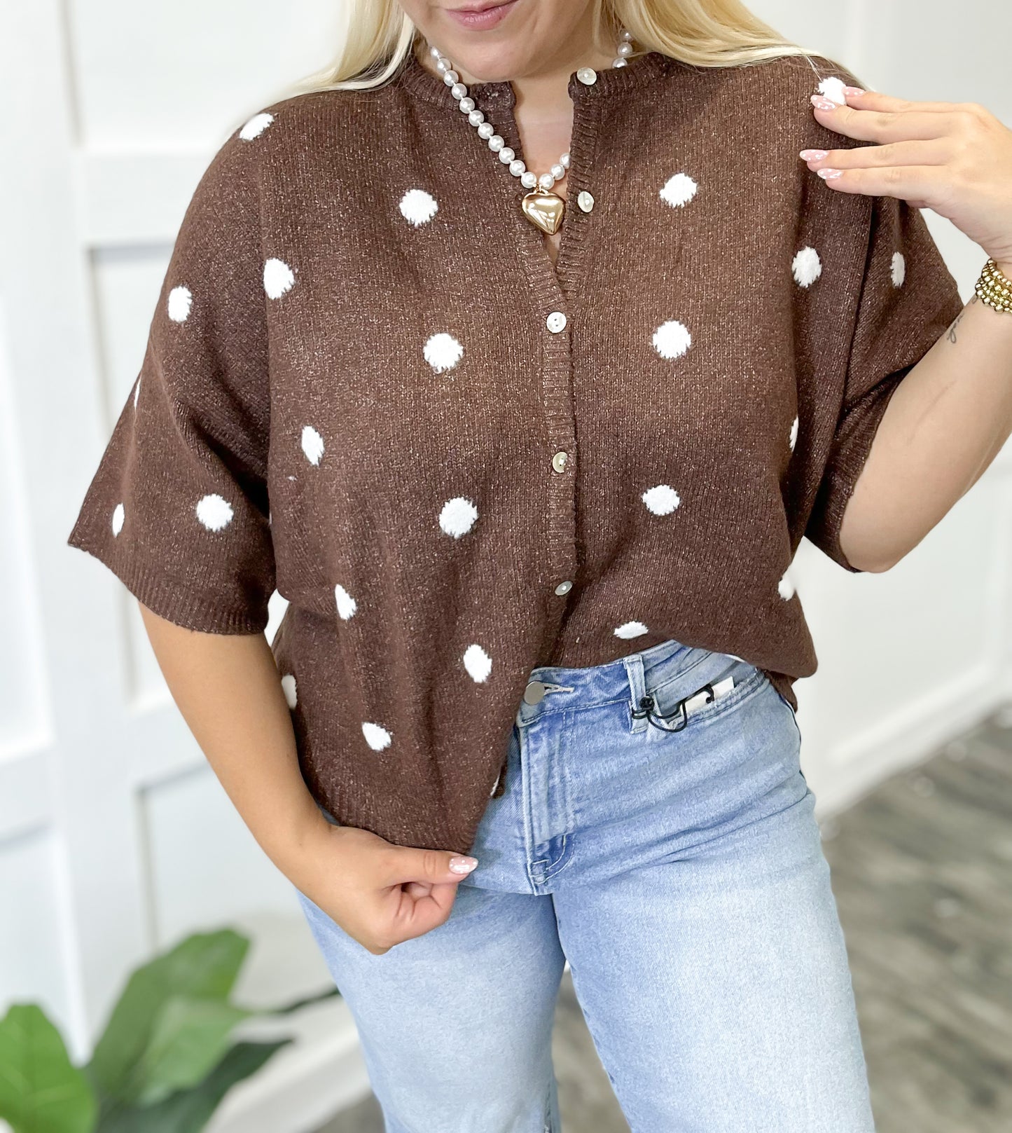 Mocha Polka Dot Knit Button Top