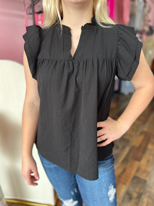 Black ruffle sleeve blouse