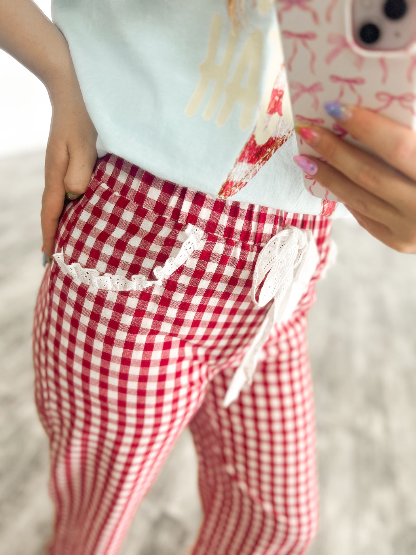 Red, White, & CUTE Gingham Ruffle Pants
