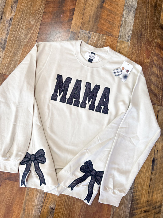 Mama Black Glitter Side Bow Crewneck