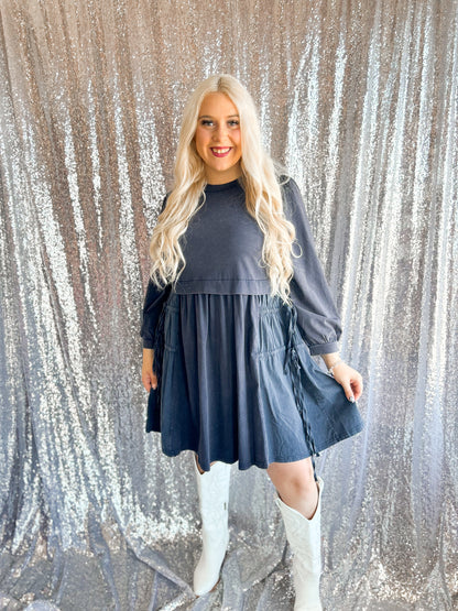 Navy Mineral Wash Bow Dress