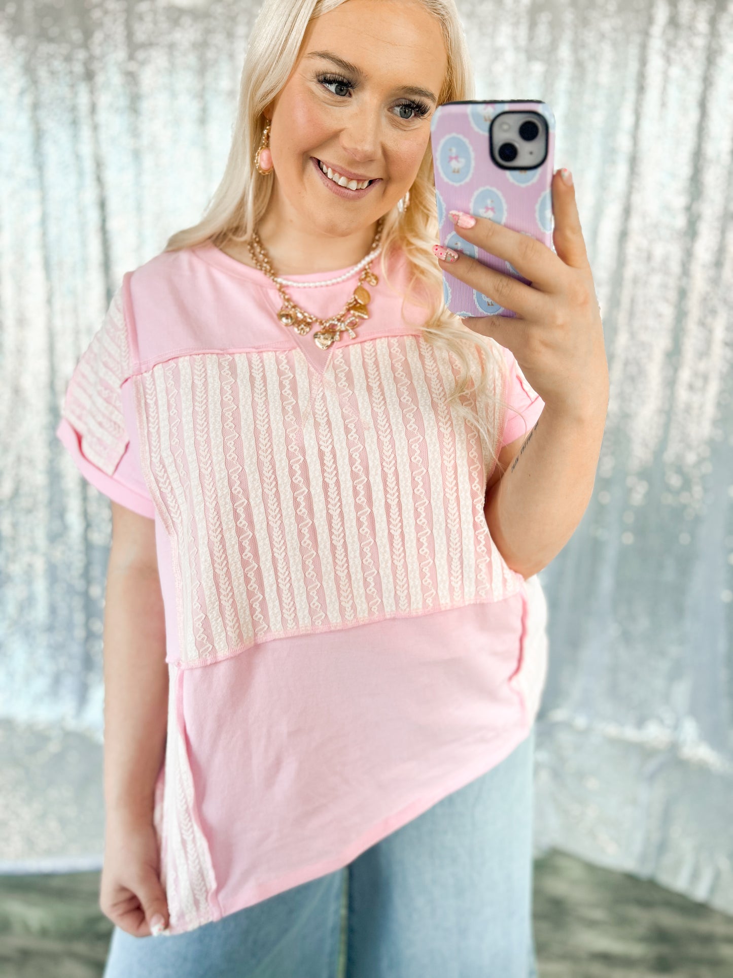 Pink & Lace Colorblock Top