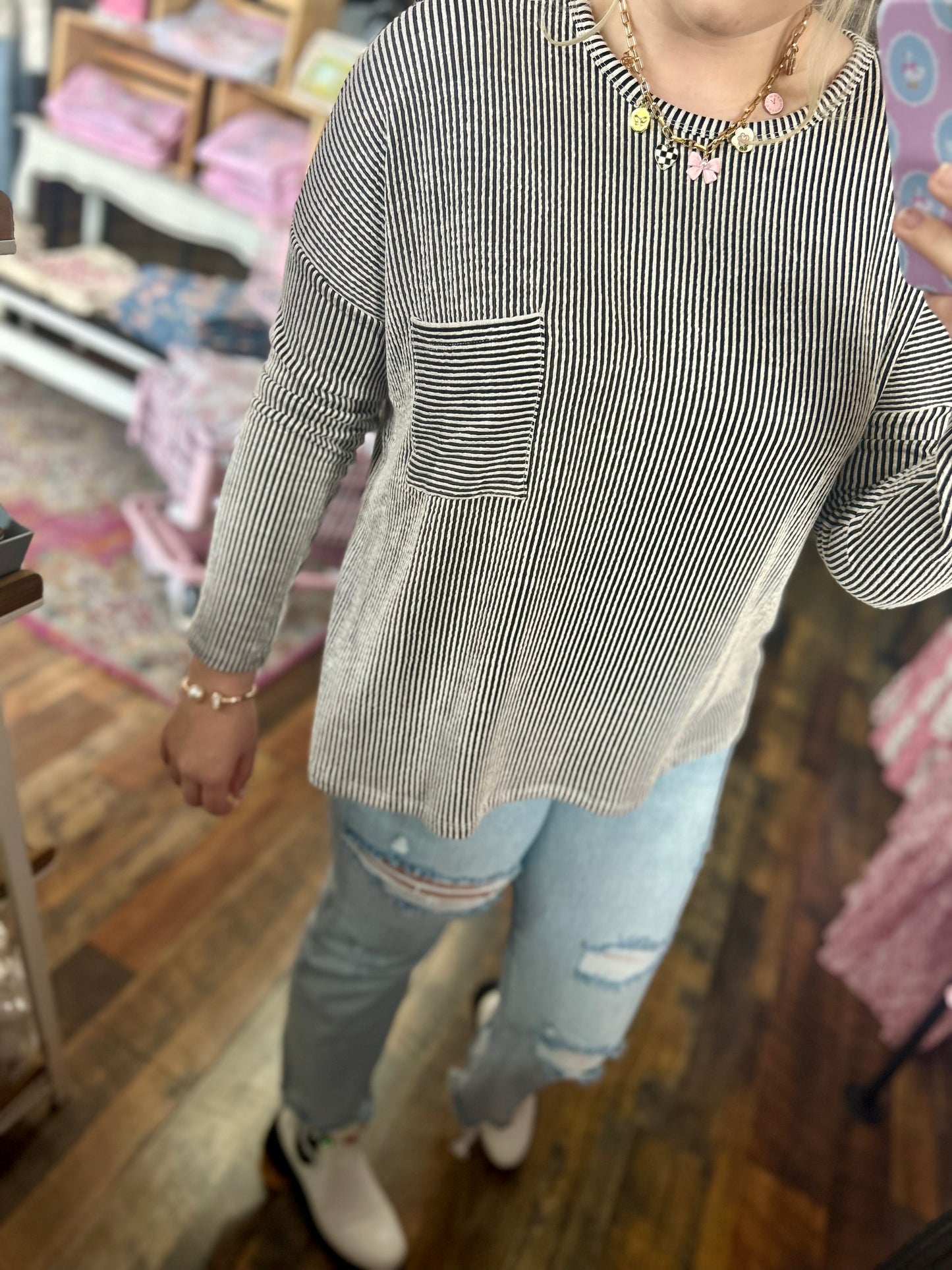 Ribbed Pocket Long-sleeve Tops