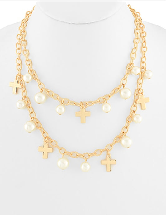 Cross Pearl Layered Necklace