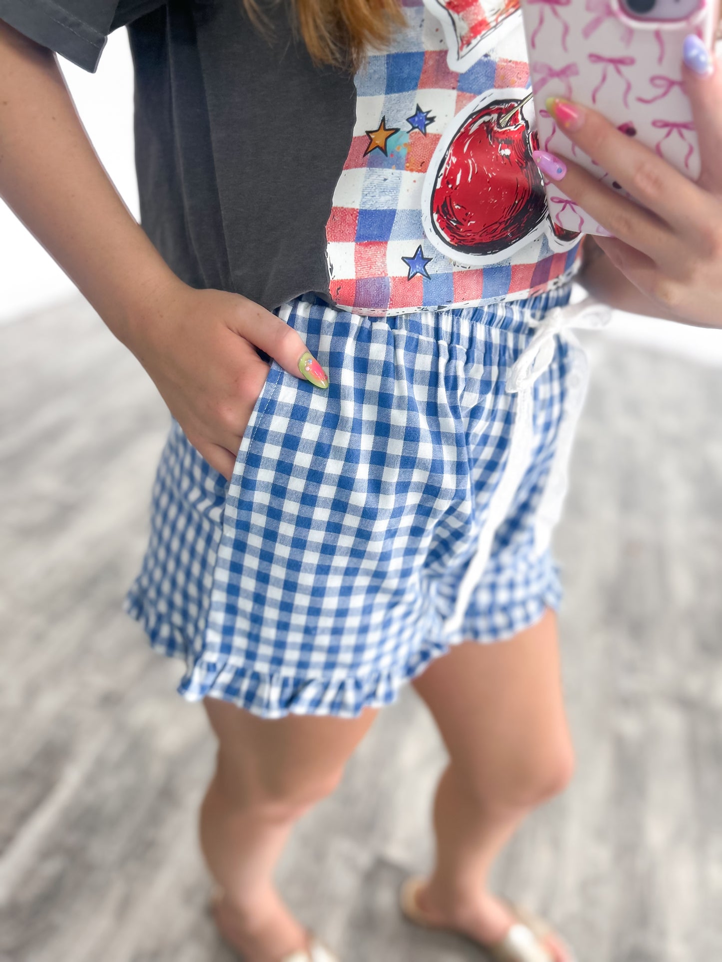Blue & White Gingham Ruffle Shorts