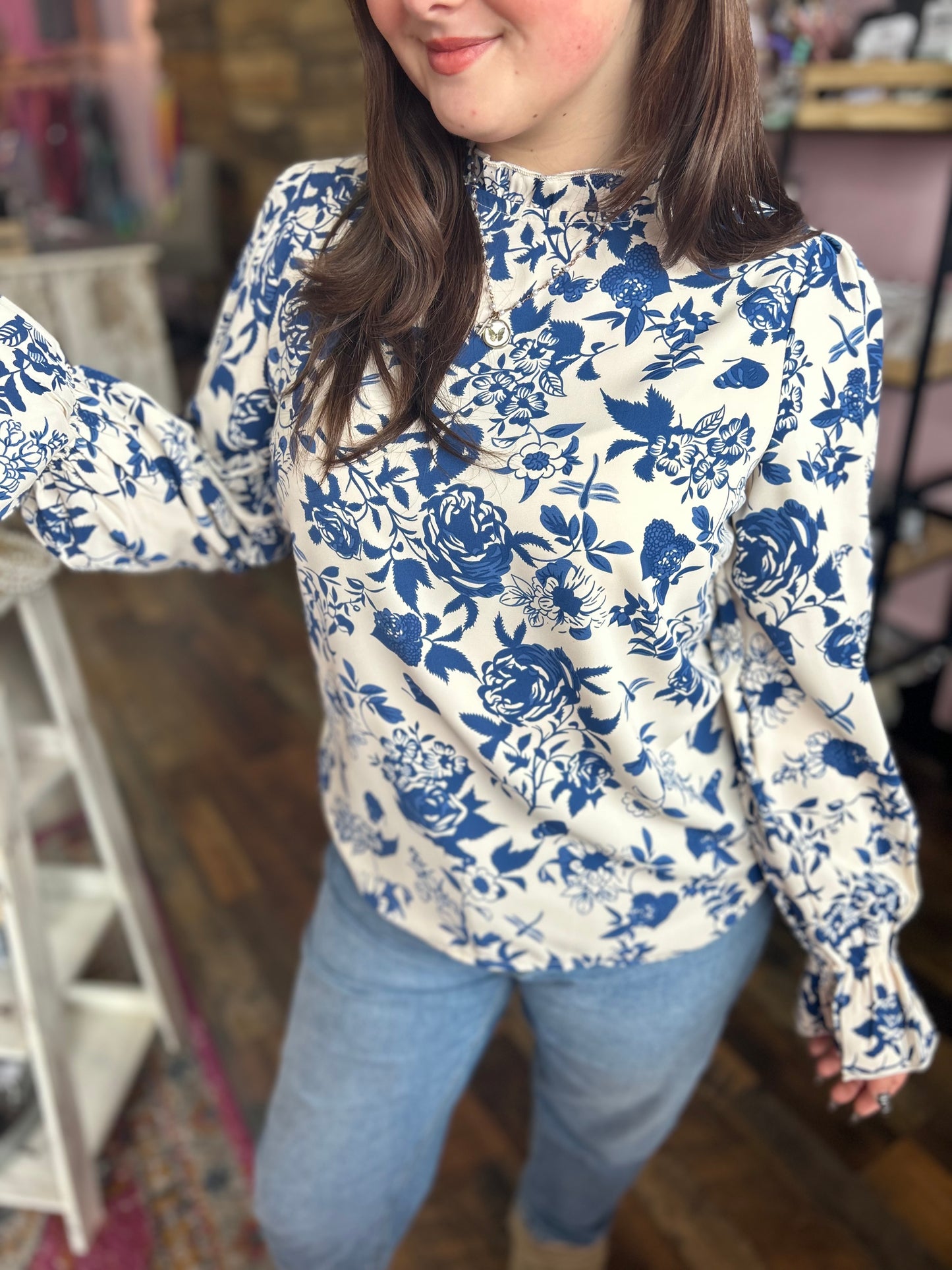 Blue Floral Mockneck Blouse