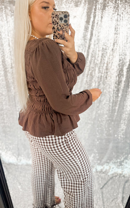 Brown Ruched Babydoll Top