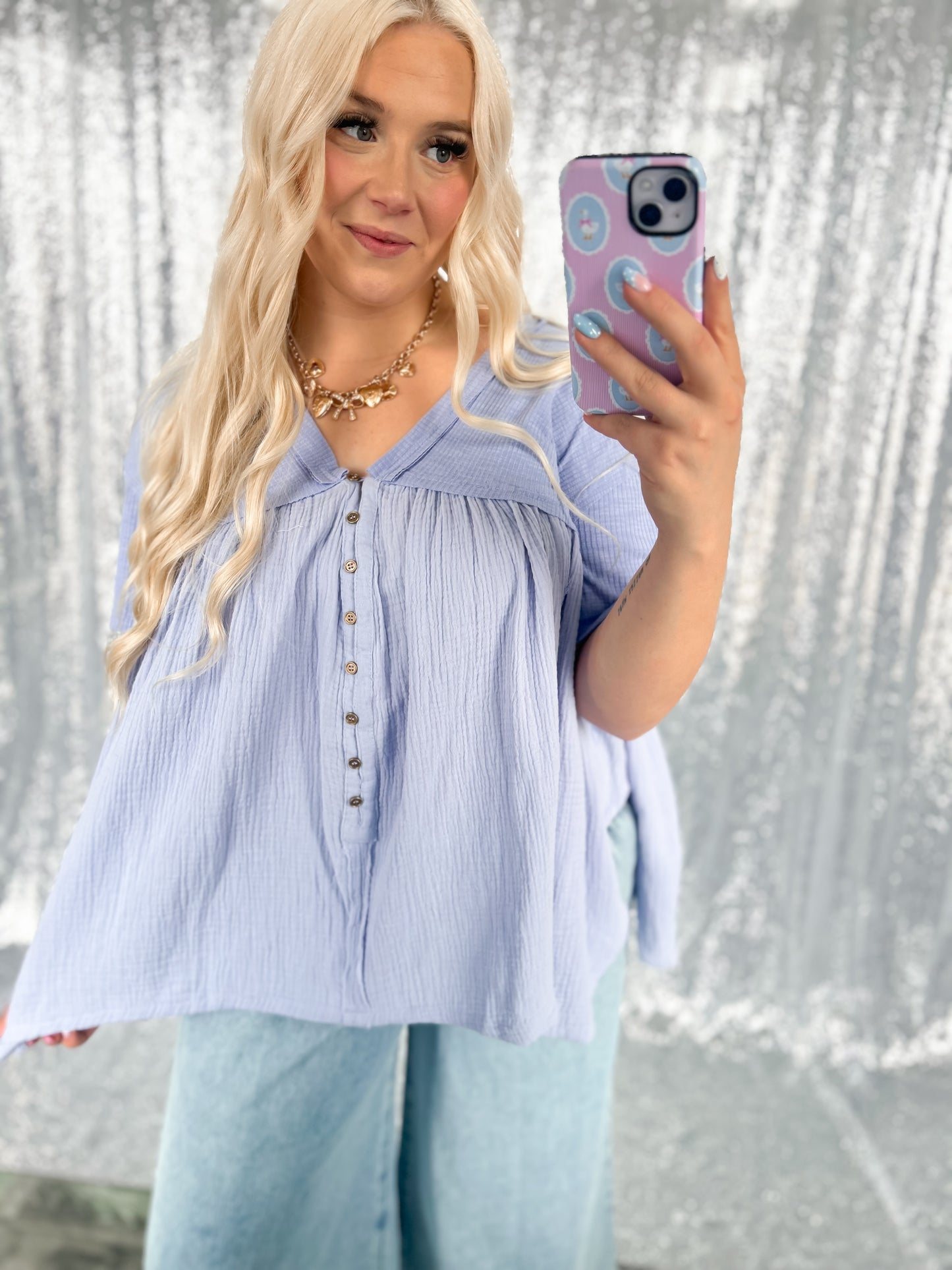 Blue Button Babydoll Top