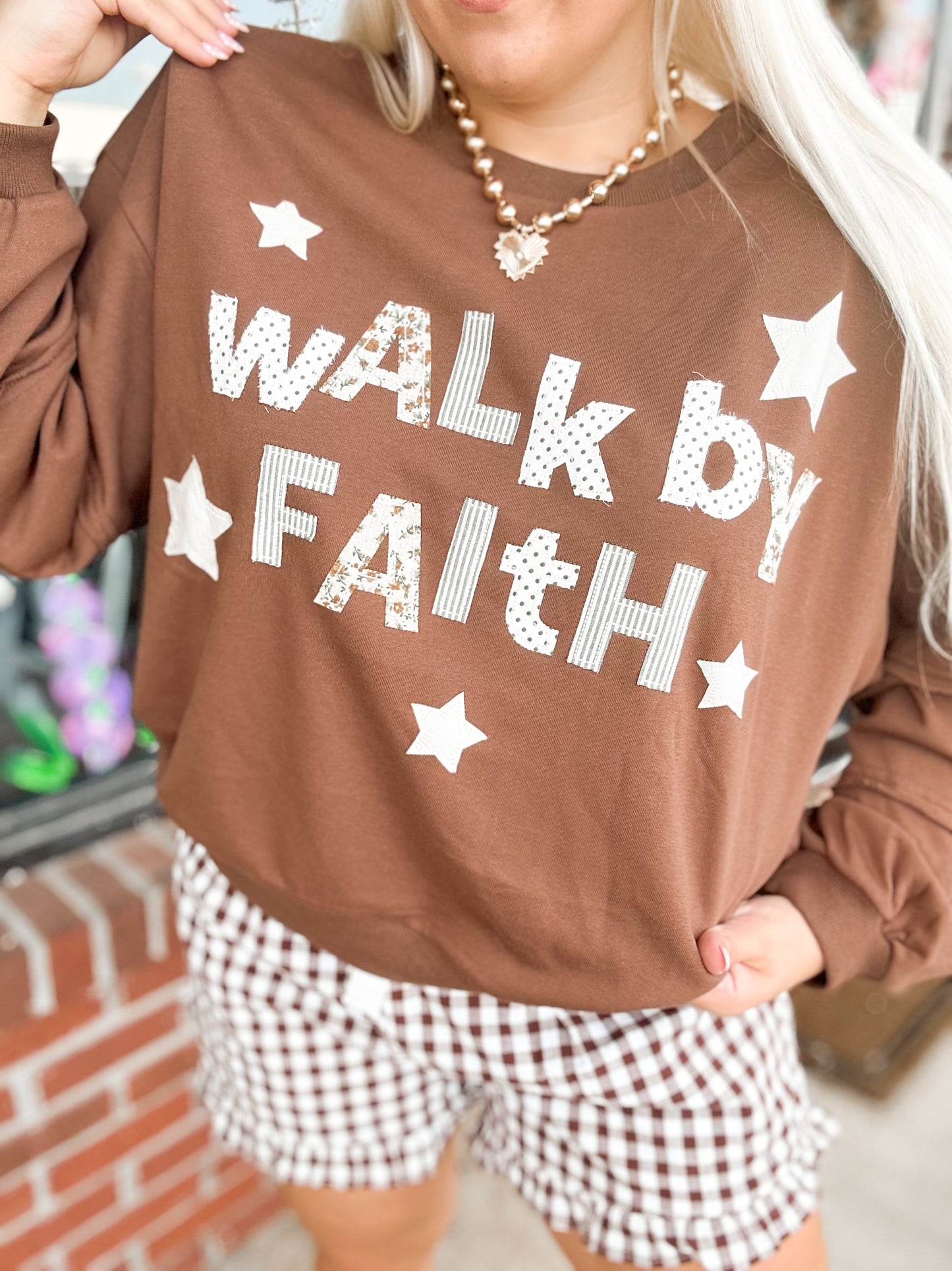 Walk By Faith Patchwork Appliqué Sweatshirt