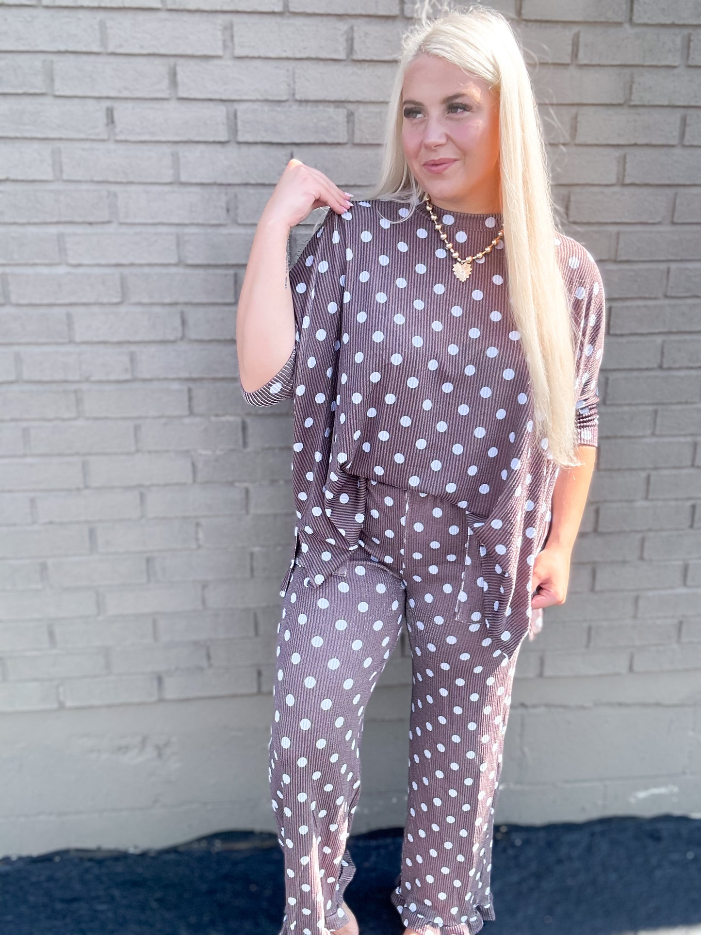 Mocha & Blue Ribbed Polka Dot Ruffle {SET}