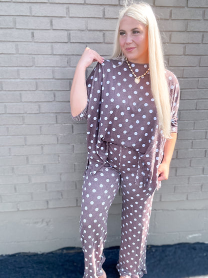 Mocha & Blue Ribbed Polka Dot Ruffle {SET}