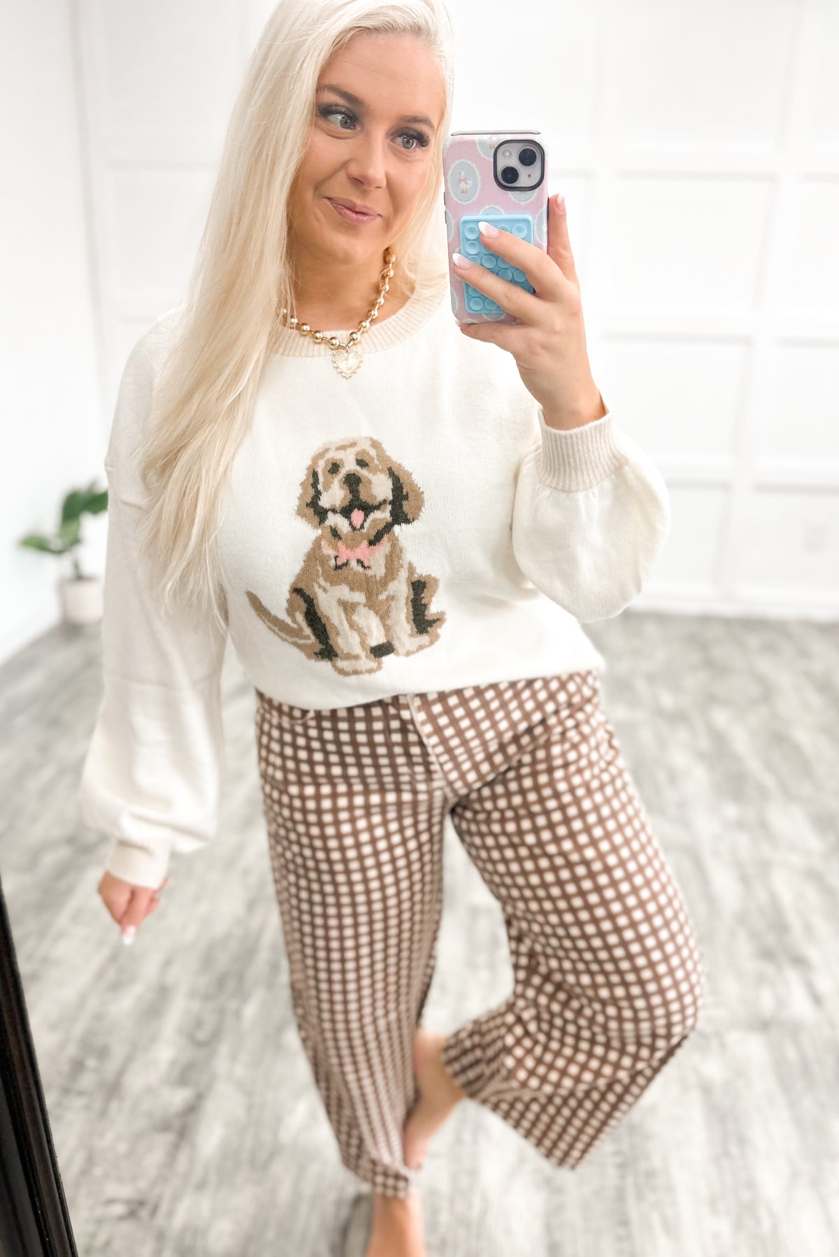 Brown Gingham Barrel Jeans