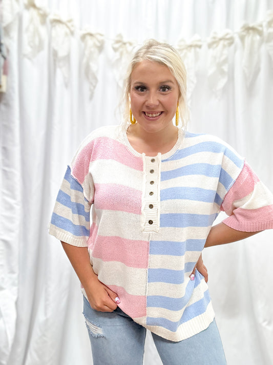 Blue & Pink Striped Colorblock Top