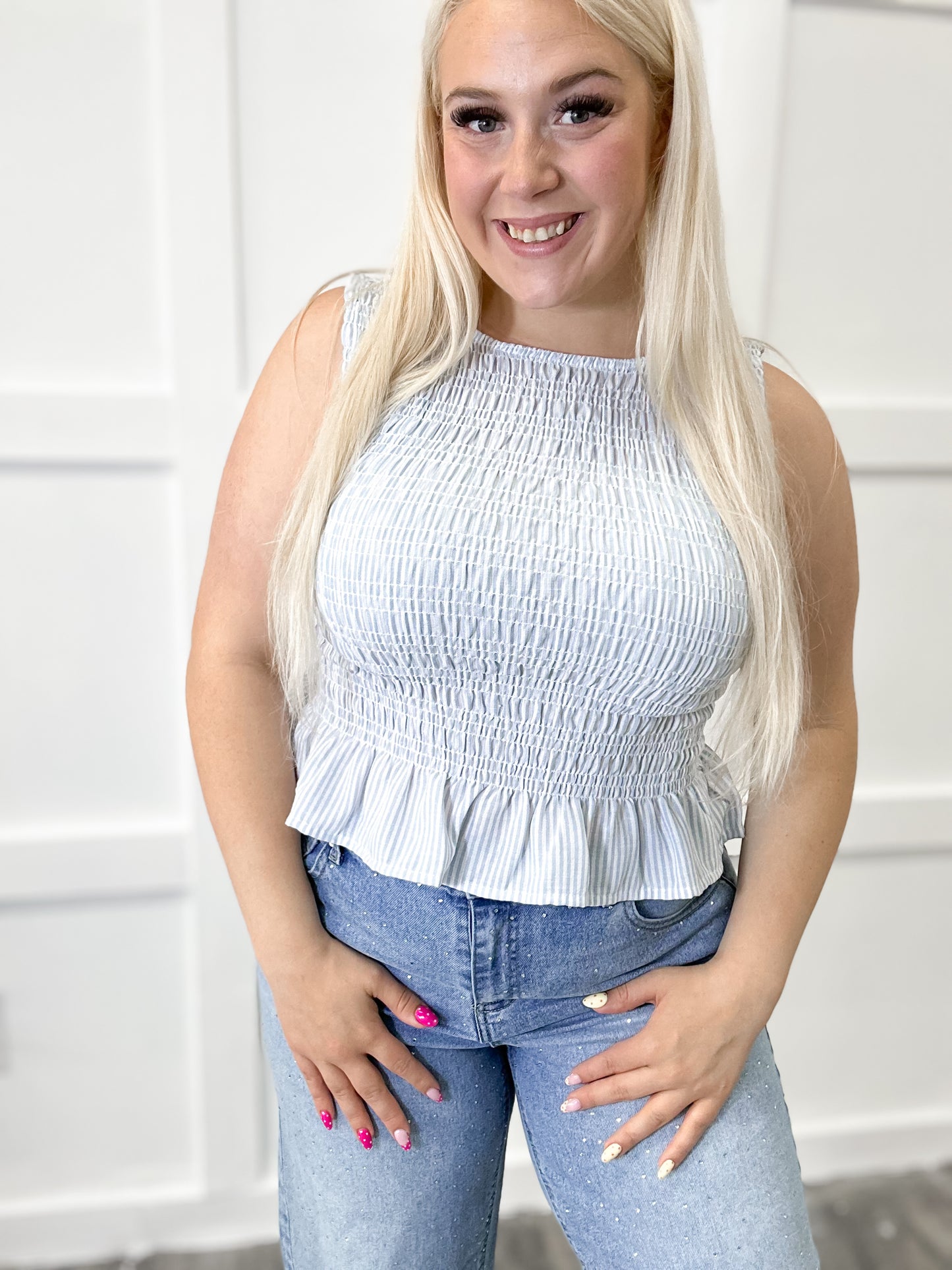 Pinstripe Smocked Top