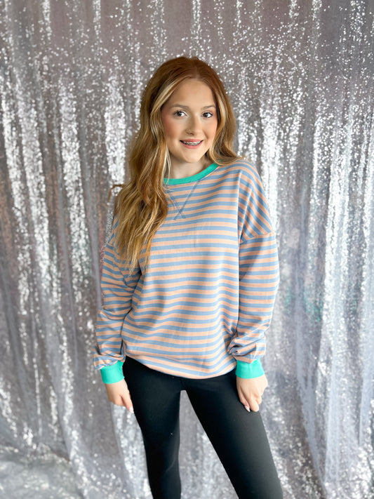 Blue & Terracotta Striped Crewneck