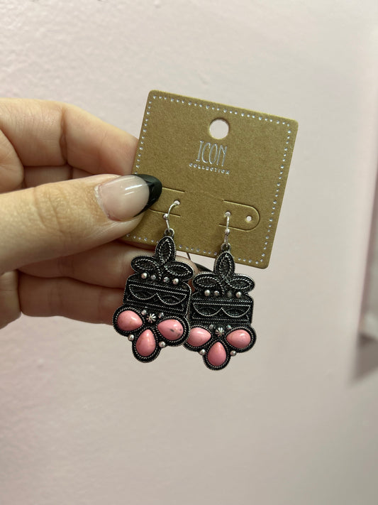 Western Pink Silvertone Earrings