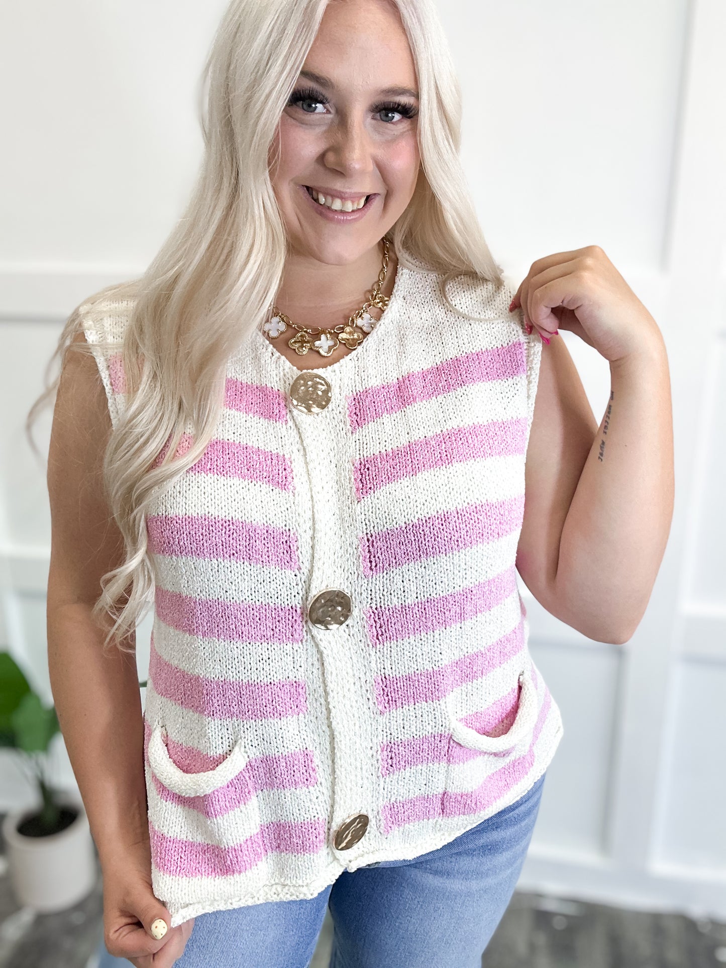 Pink Striped Knit Button Tank