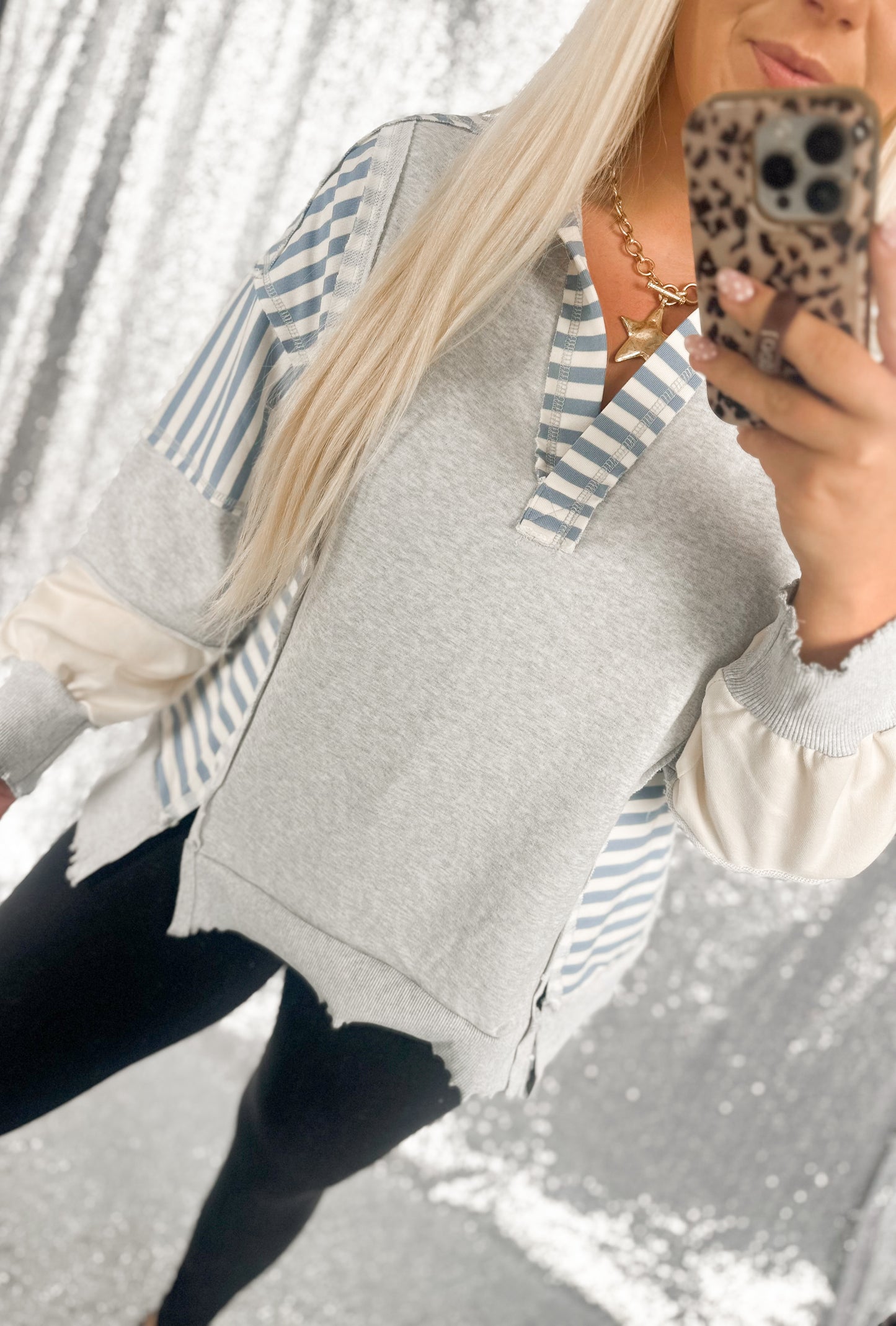 Oversized Heather & Blue Striped Colorblock Top
