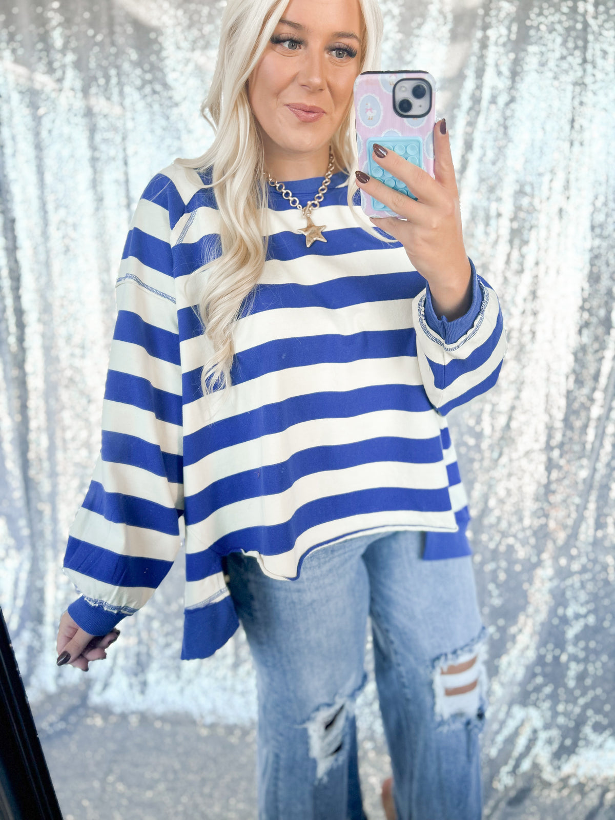 Blue Chunky Striped Oversized Crewneck